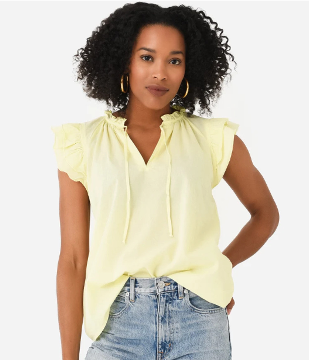 Stark X Poplin Dreamy Top Women's Small Yellow 100% Cotton Ruffle Sleeve Coastal